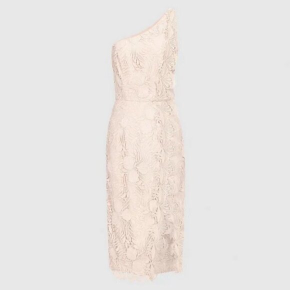 💕REISS💕 Mena One-Shoulder Crochet Lace Dress ~ Nude US 6 NWT - Picture 4 of 13